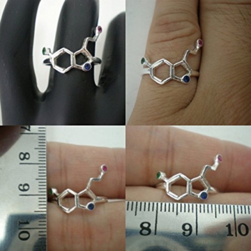 925 Handgefertigte Sterling Silber Serotonin und Dopamin Molekül 2 Set Ringe mit Zirkonia Birthstones - Geschenk für Wissenschaft, Chemie oder Biologie Lehrer oder Schüler - Geek Geschenk - Größe UK I 1/2 - Z - 