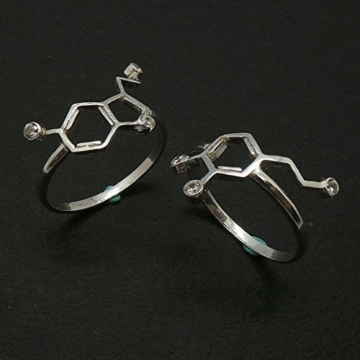 925 Handgefertigte Sterling Silber Serotonin und Dopamin Molekül 2 Set Ringe mit Zirkonia Birthstones - Geschenk für Wissenschaft, Chemie oder Biologie Lehrer oder Schüler - Geek Geschenk - Größe UK I 1/2 - Z -