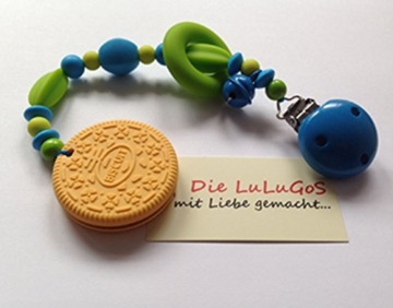 Spielkette Beißkette aus Silikon mit Keks in blau grün – Kinderwagenkette - 