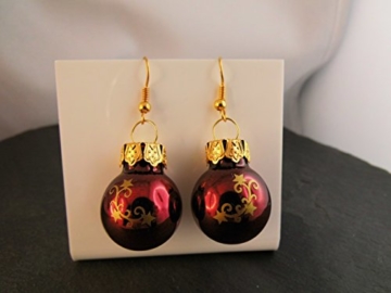 Weihnachtskugel Ohrringe Christbaumkugel rot dunkelrot gold Sterne Ohrhänger handmade - 